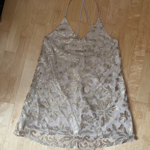 Gold Sequin Mini Dress T-strap Back, Size Small - Picture 8 of 9
